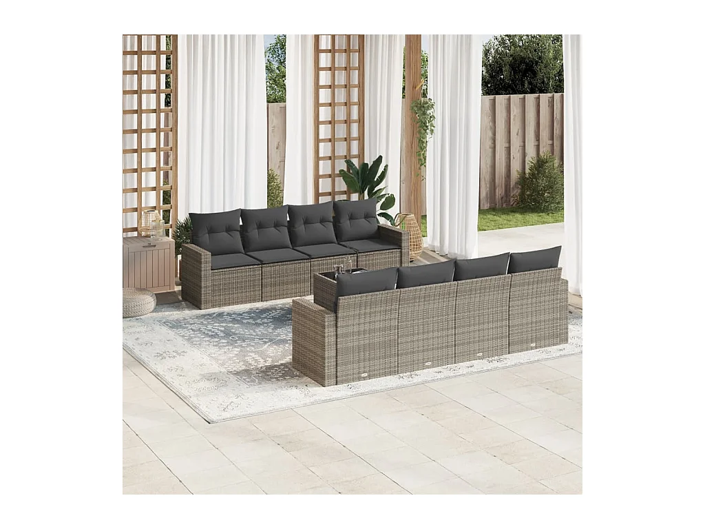 9-delige Loungeset met kussens poly rattan grijs