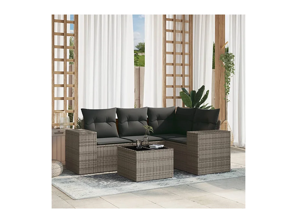 Salon de jardin 5 pcs avec coussins gris résine tressée