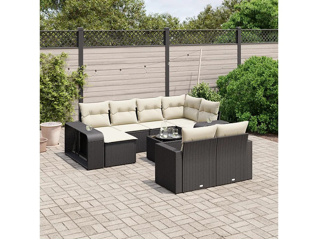 11-tlg. Garten-Sofagarnitur mit Kissen Schwarz Poly Rattan