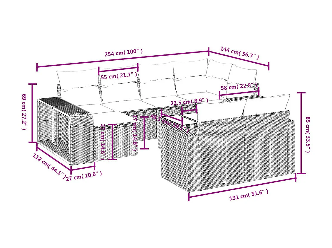 11-tlg. Garten-Sofagarnitur mit Kissen Schwarz Poly Rattan