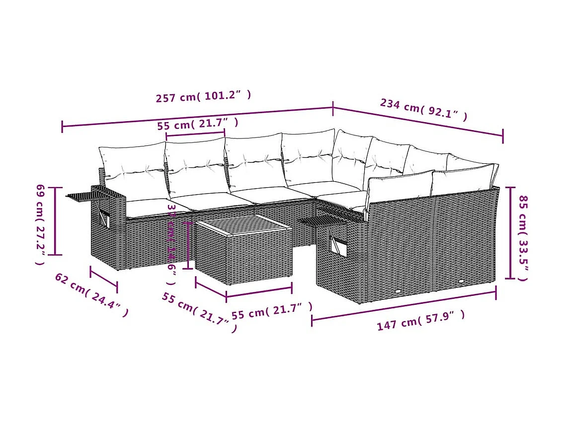 Salon de jardin avec coussins 9 pcs beige résine tressée