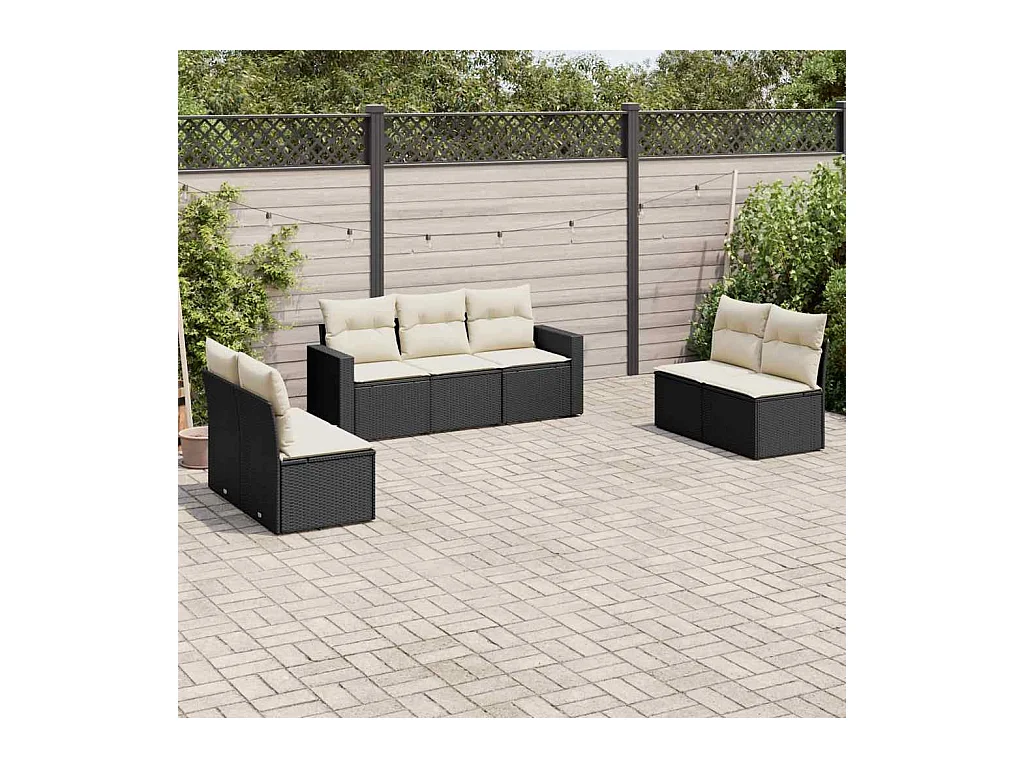 7-tlg. Garten-Sofagarnitur mit Kissen Schwarz Poly Rattan