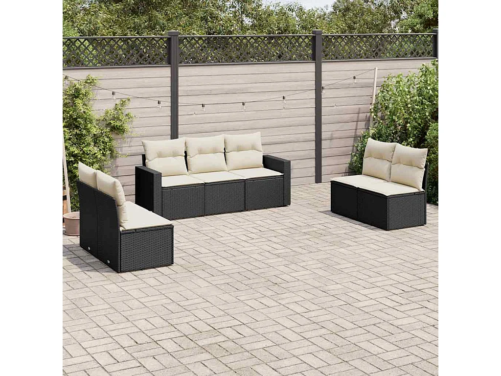 Salon de jardin 7 pcs avec coussins noir résine tressée