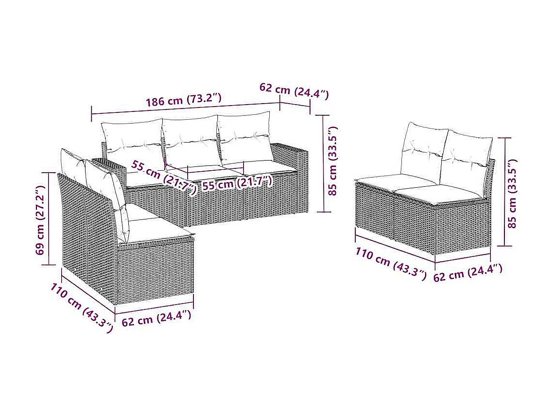 Salon de jardin 7 pcs avec coussins noir résine tressée