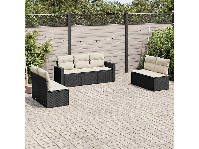 Salon de jardin 7 pcs avec coussins noir résine tressée