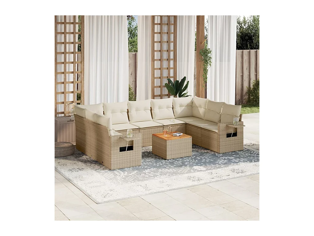 10-tlg. Garten-Sofagarnitur mit Kissen Beige Poly Rattan