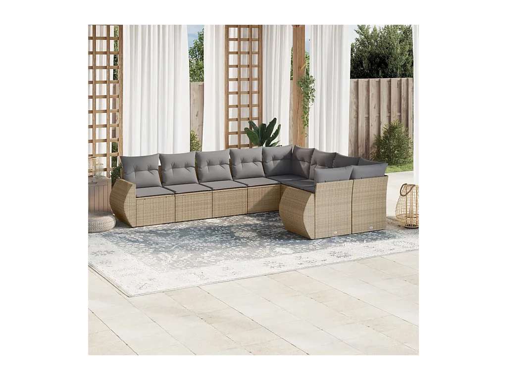Salon de jardin avec coussins 9 pcs beige résine tressée
