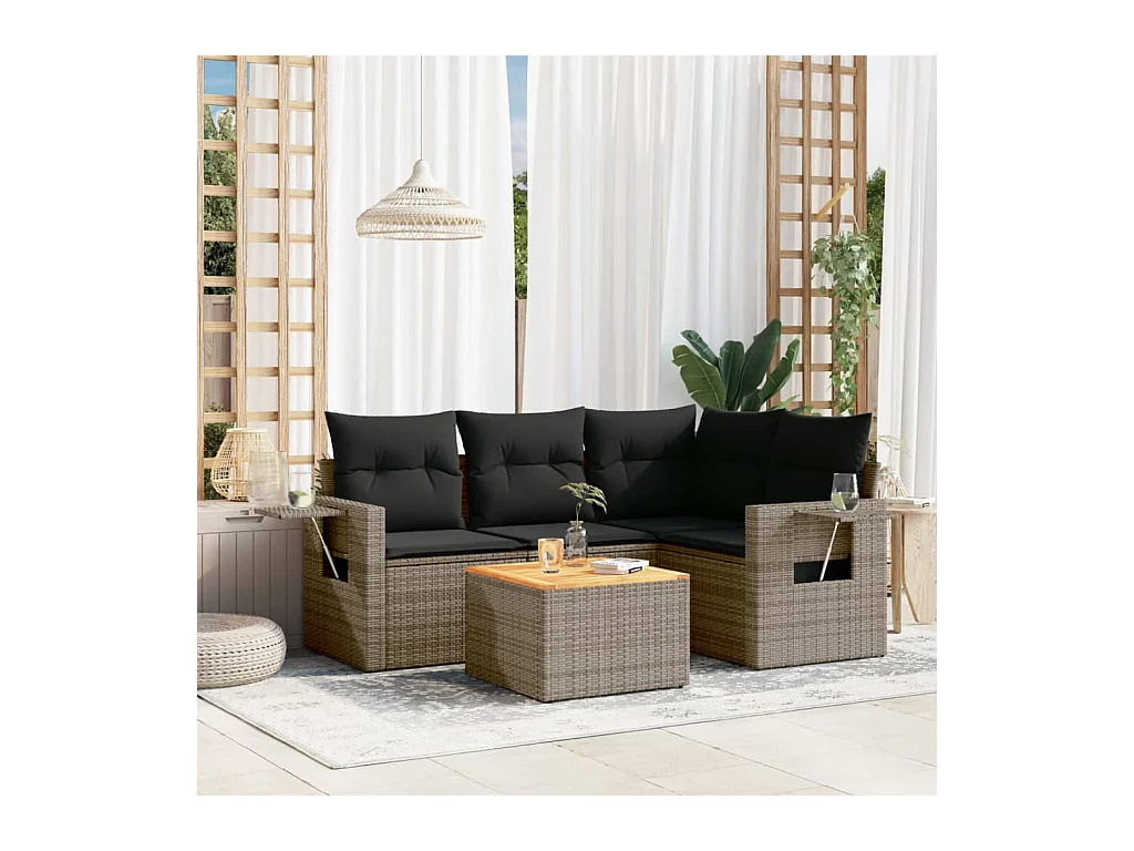 Salon de jardin 5 pcs avec coussins gris résine tressée