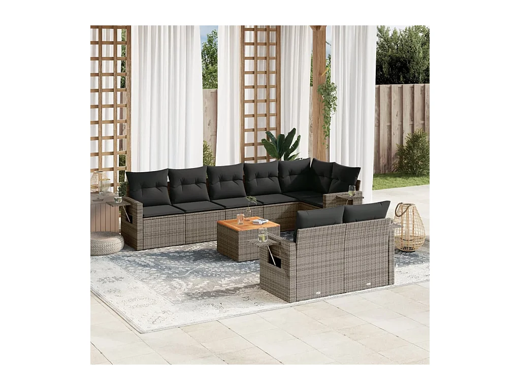 Set Divano da Giardino 9 pz con Cuscini Grigio in Polyrattan