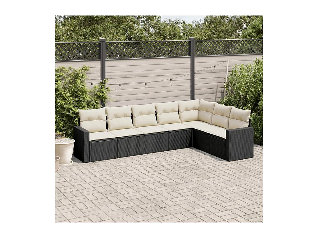 7-tlg. Garten-Sofagarnitur mit Kissen Schwarz Poly Rattan