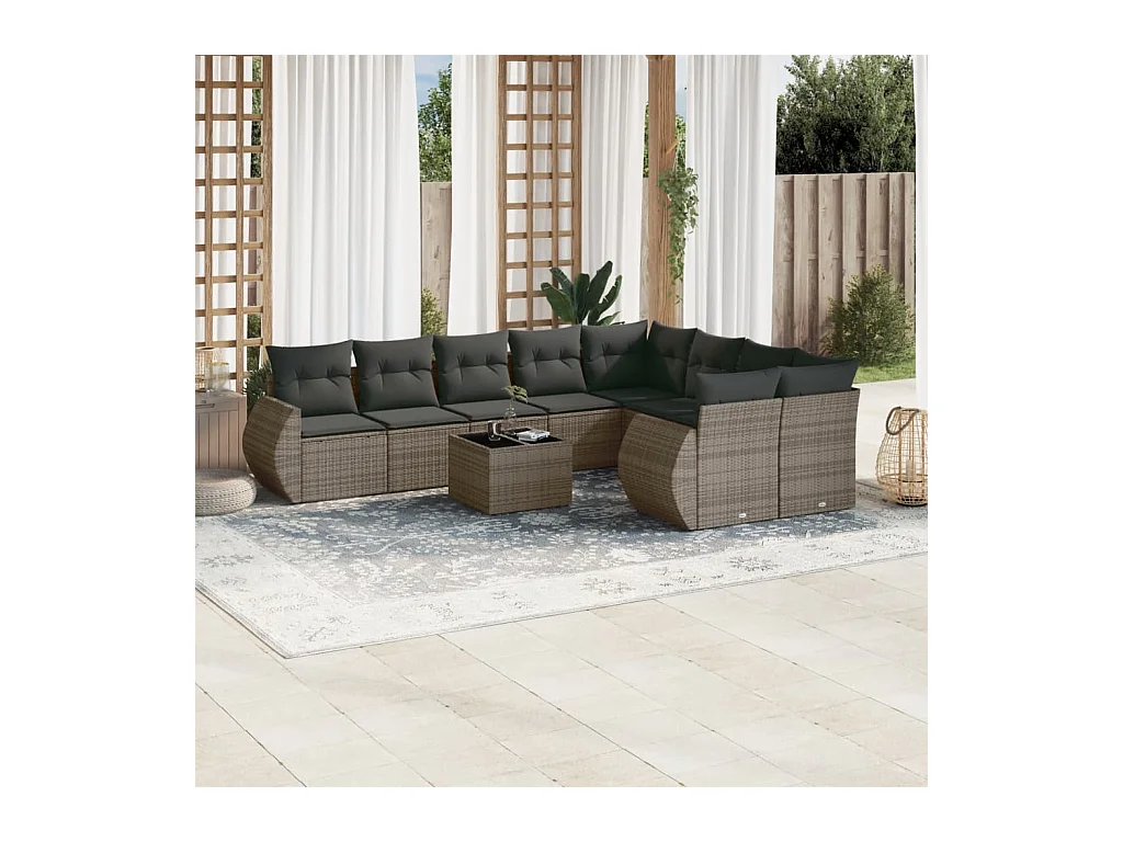 Salon de jardin avec coussins 10 pcs gris résine tressée