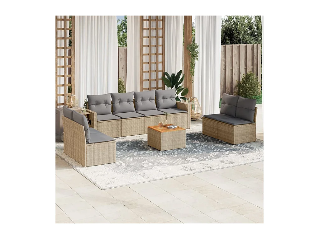 9-tlg. Garten-Sofagarnitur mit Kissen Beige Poly Rattan