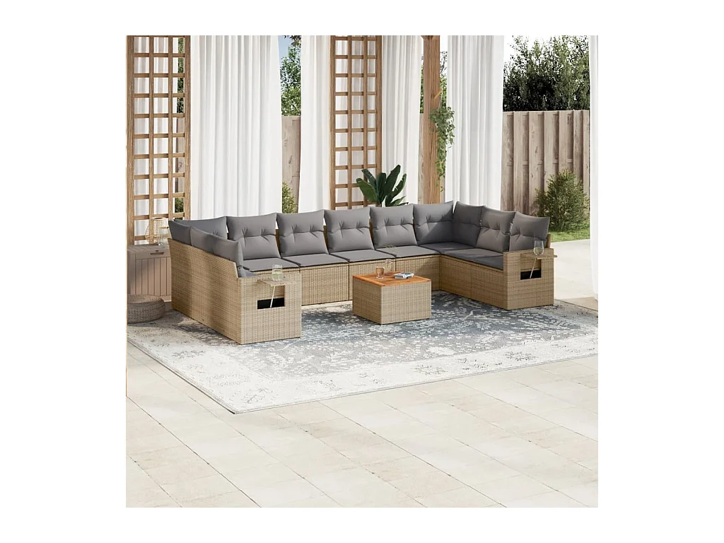 11-delige Tuinset met kussens poly rattan beige