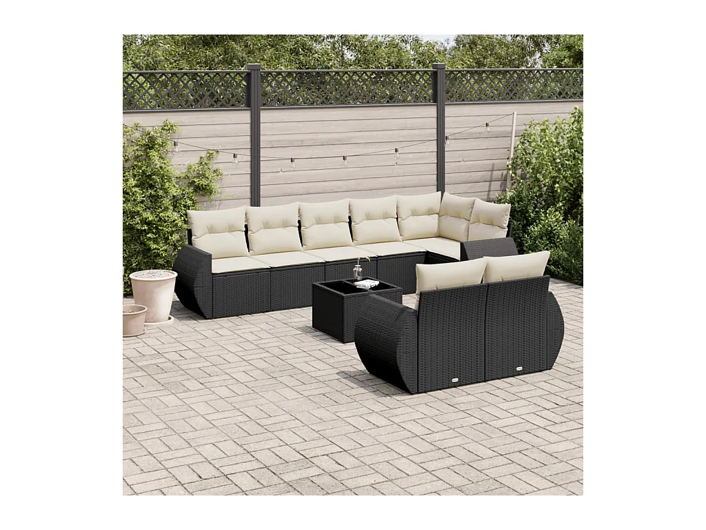 Salon de jardin 9 pcs avec coussins noir résine tressée