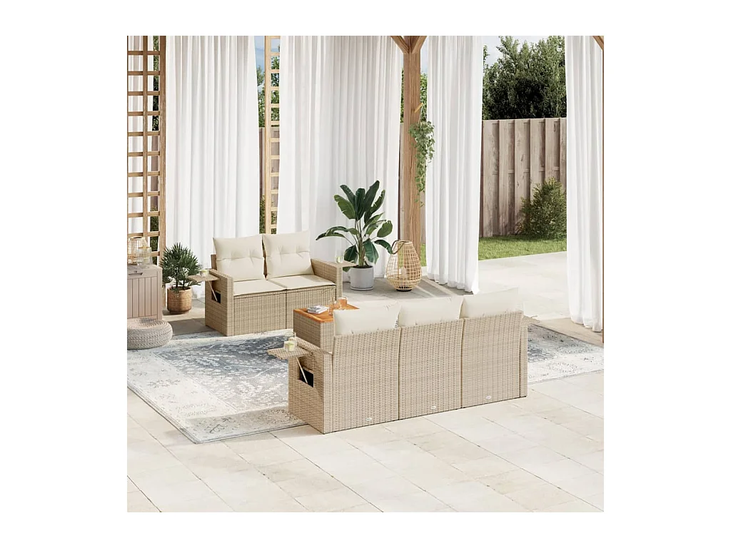 Set Divano da Giardino 6 pz con Cuscini Beige in Polyrattan