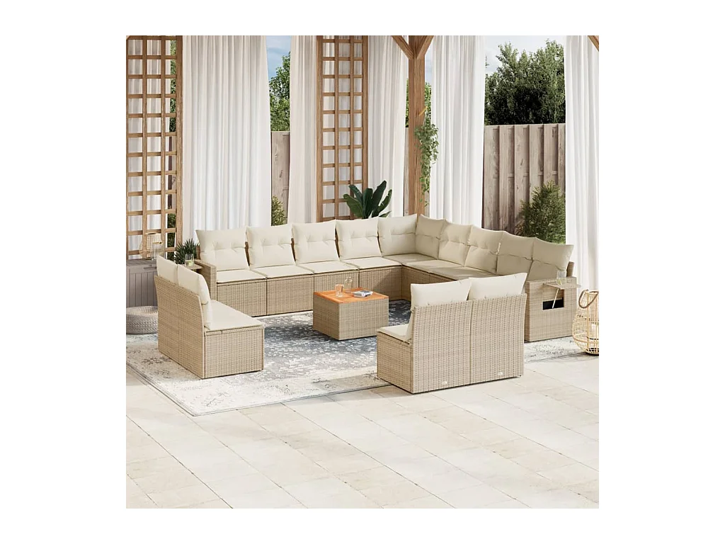 14-tlg. Garten-Sofagarnitur mit Kissen Beige Poly Rattan