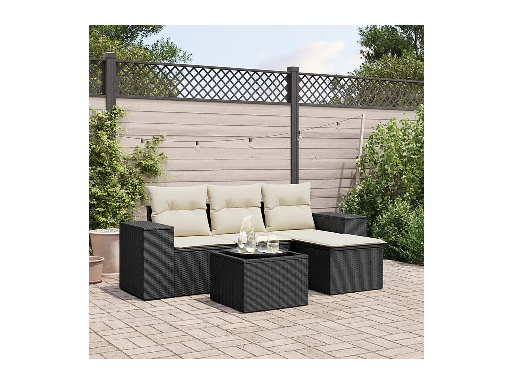 5-delige Loungeset met kussens poly rattan zwart