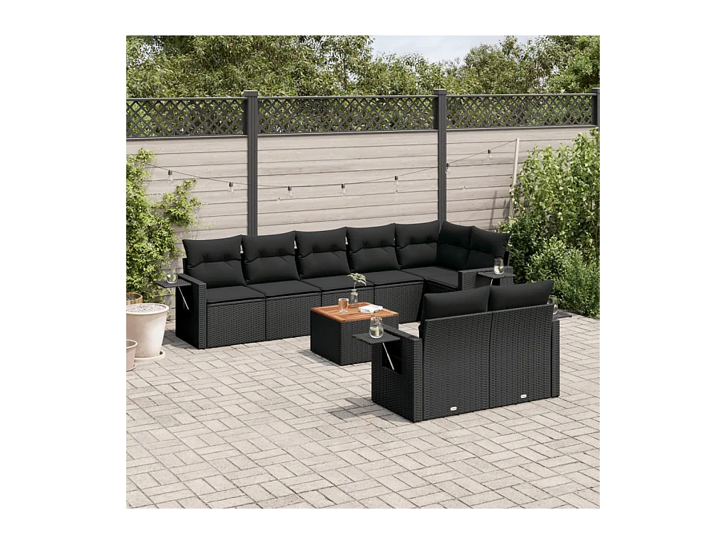 9-tlg. Garten-Sofagarnitur mit Kissen Schwarz Poly Rattan