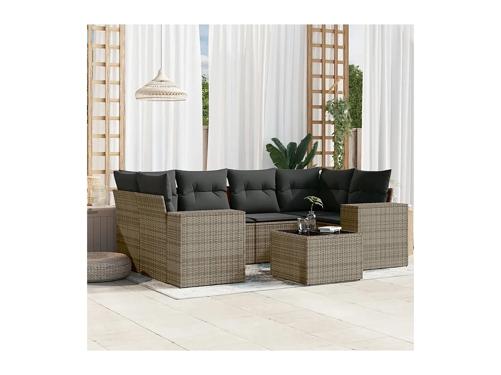 7-delige Loungeset met kussens poly rattan grijs