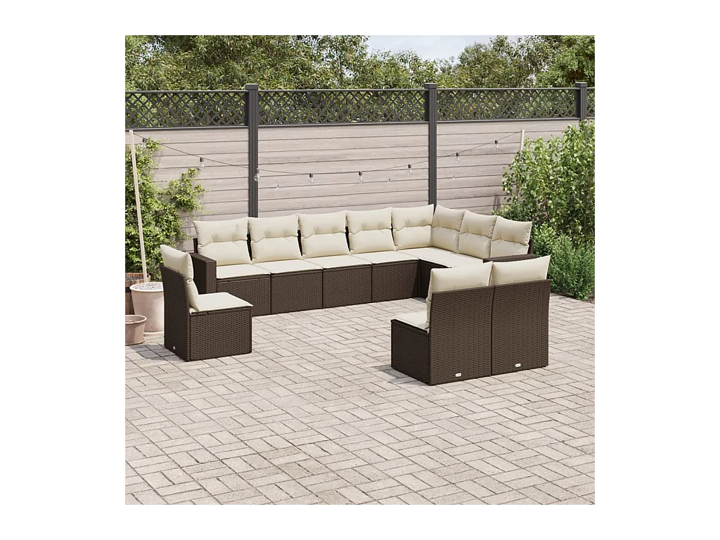 Salon de jardin 10 pcs avec coussins marron résine tressée