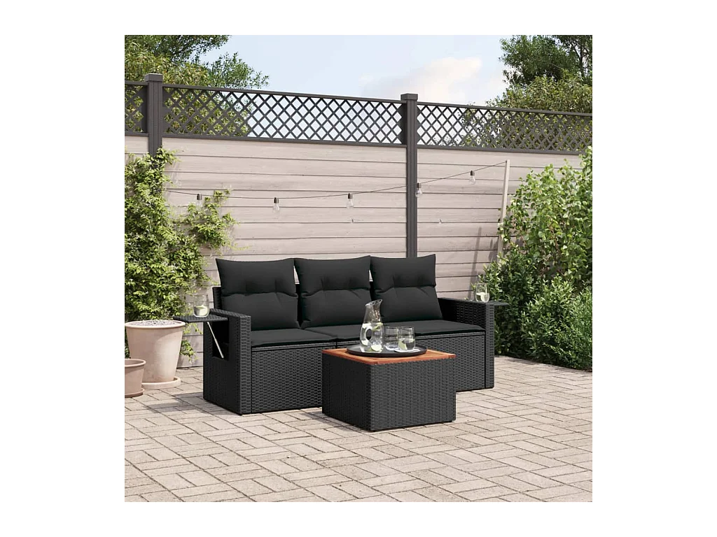 4-delige Loungeset met kussens poly rattan zwart