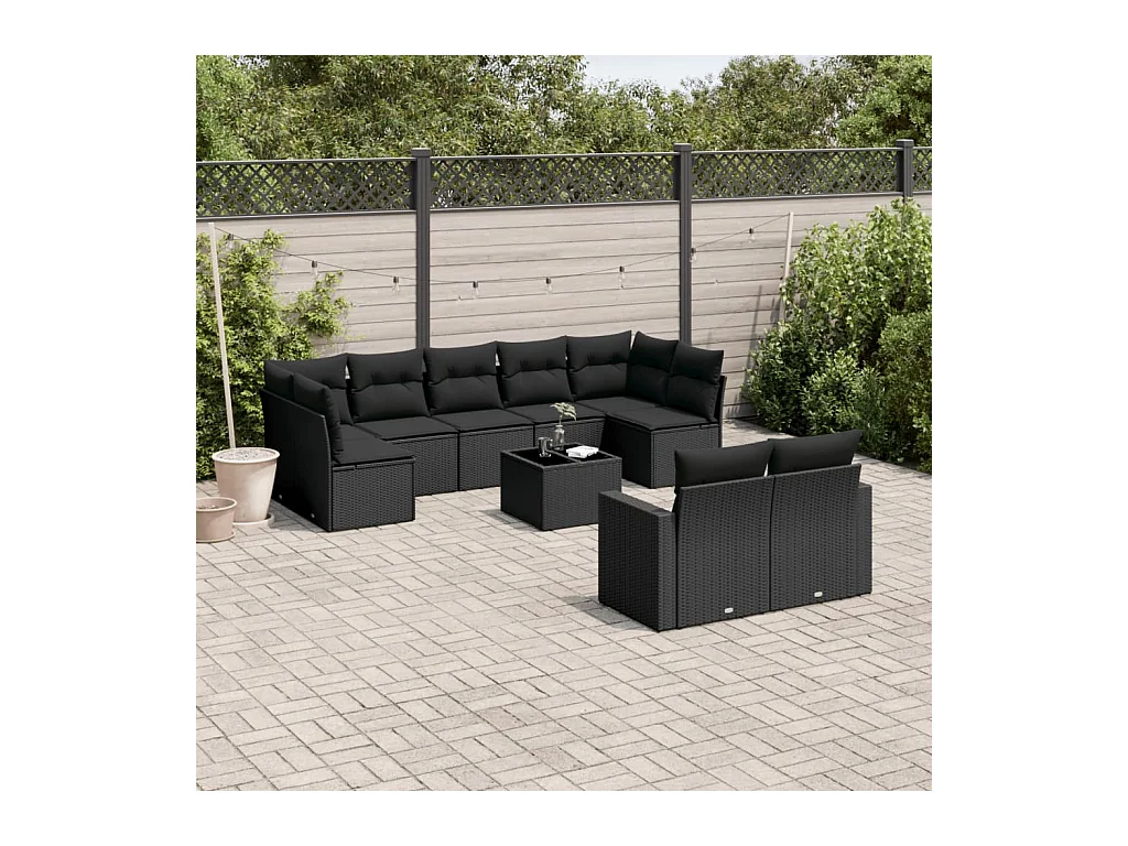10-tlg. Garten-Sofagarnitur mit Kissen Schwarz Poly Rattan