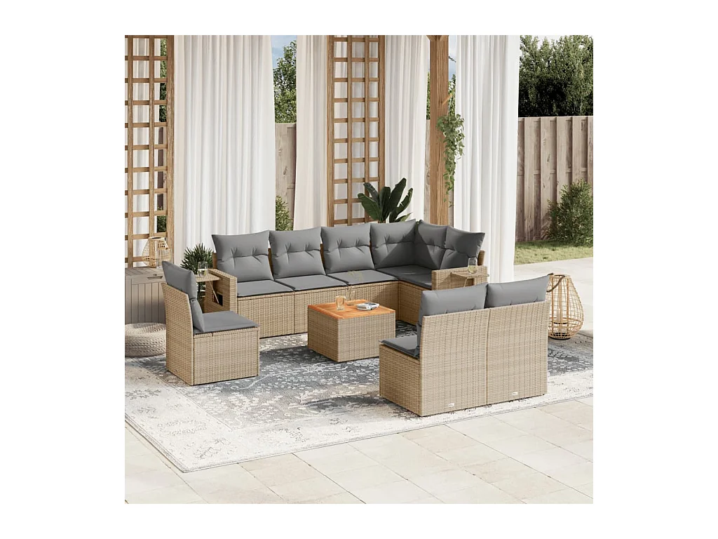 9-tlg. Garten-Sofagarnitur mit Kissen Beige Poly Rattan