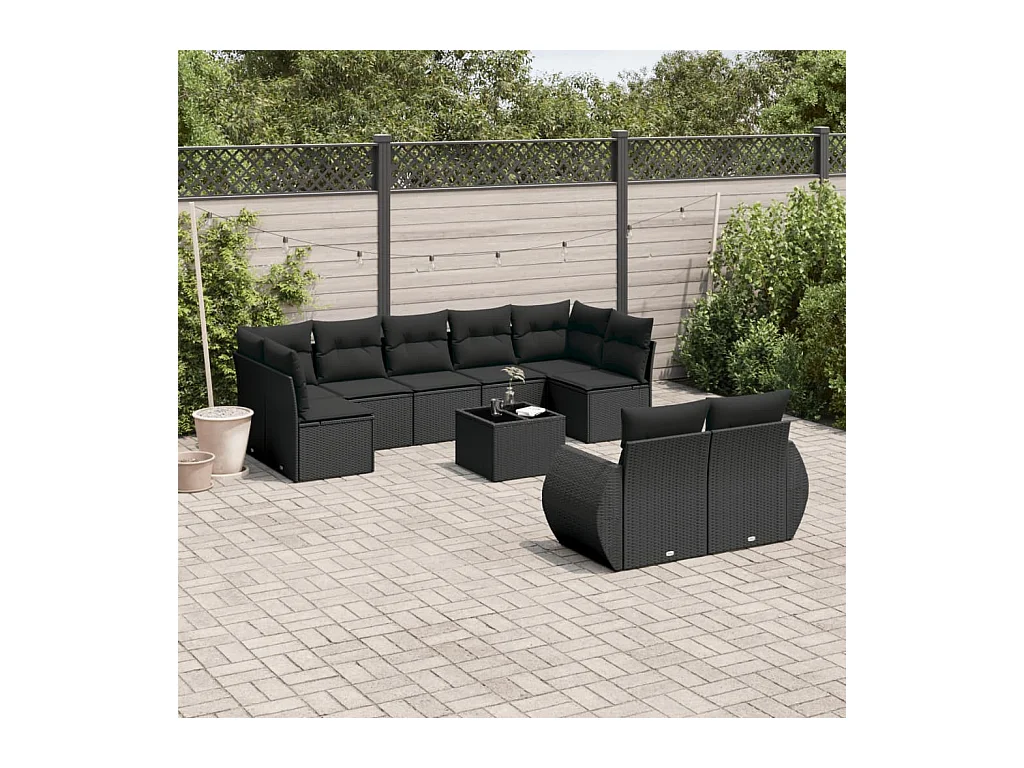 10-delige Loungeset met kussens poly rattan zwart