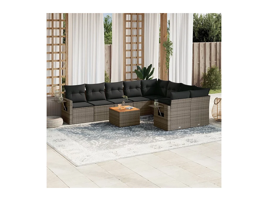 Salon de jardin avec coussins 10 pcs gris résine tressée