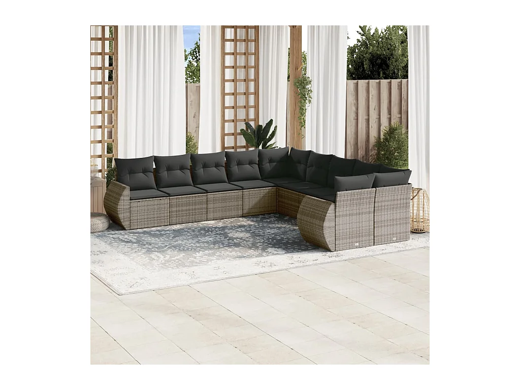 10-tlg. Garten-Sofagarnitur mit Kissen Grau Poly Rattan