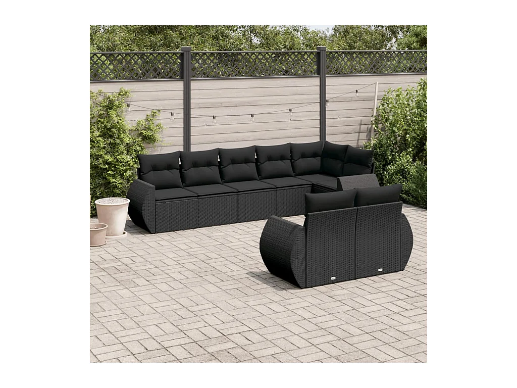 Salon de jardin 8 pcs avec coussins noir résine tressée