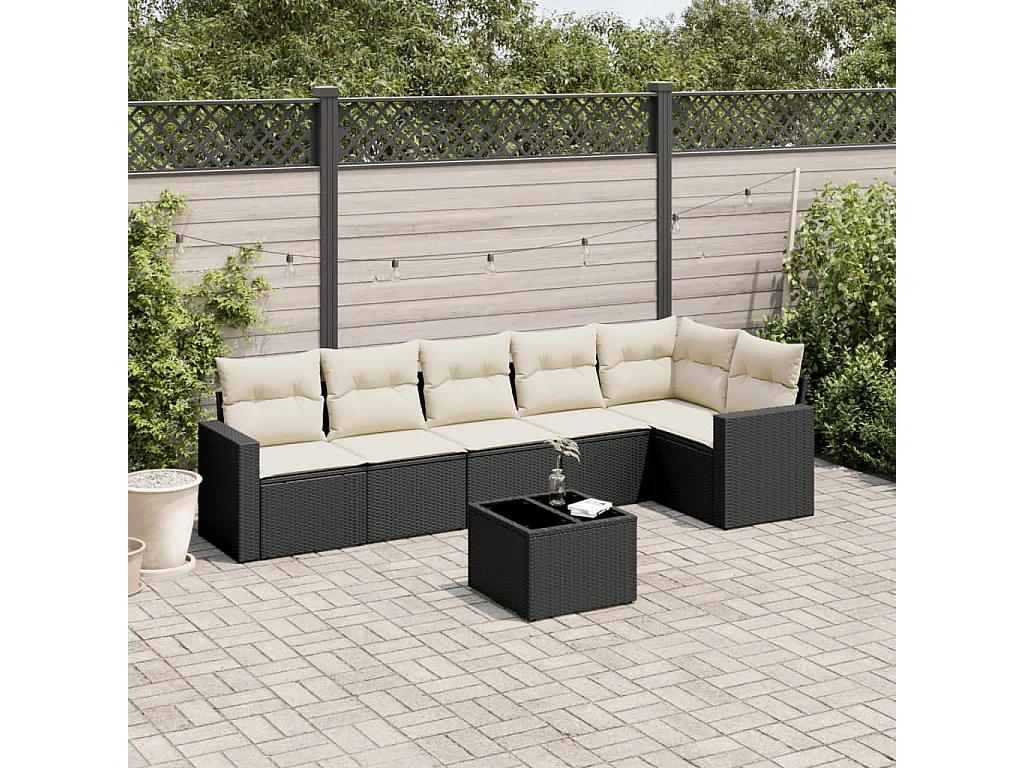 Salon de jardin 7 pcs avec coussins noir résine tressée