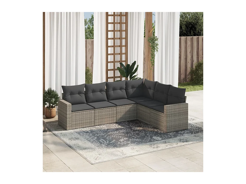 Salon de jardin 6 pcs avec coussins gris résine tressée