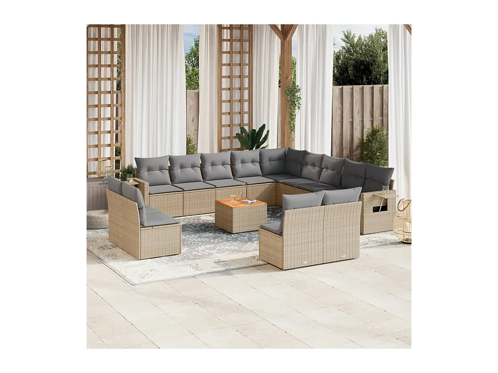 Set Divani da Giardino 14pz con Cuscini in Polyrattan Beige