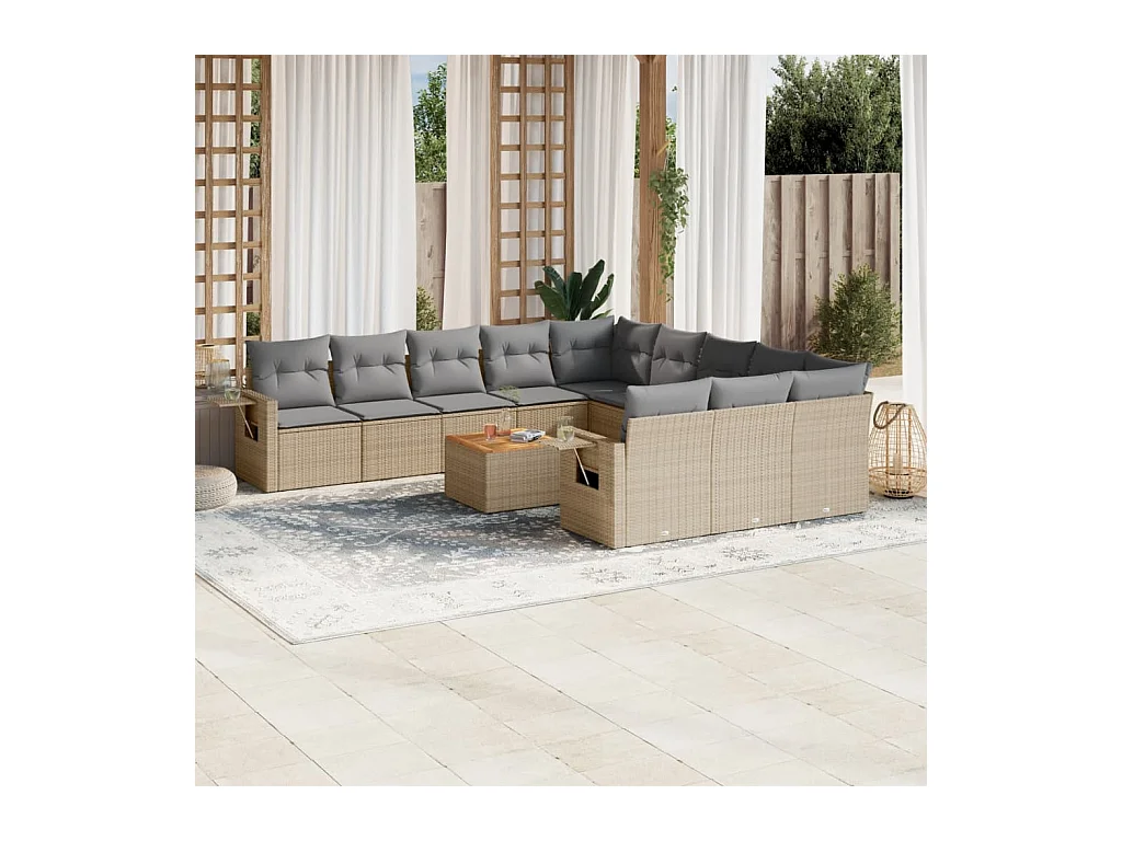 12-tlg. Garten-Sofagarnitur mit Kissen Beige Poly Rattan