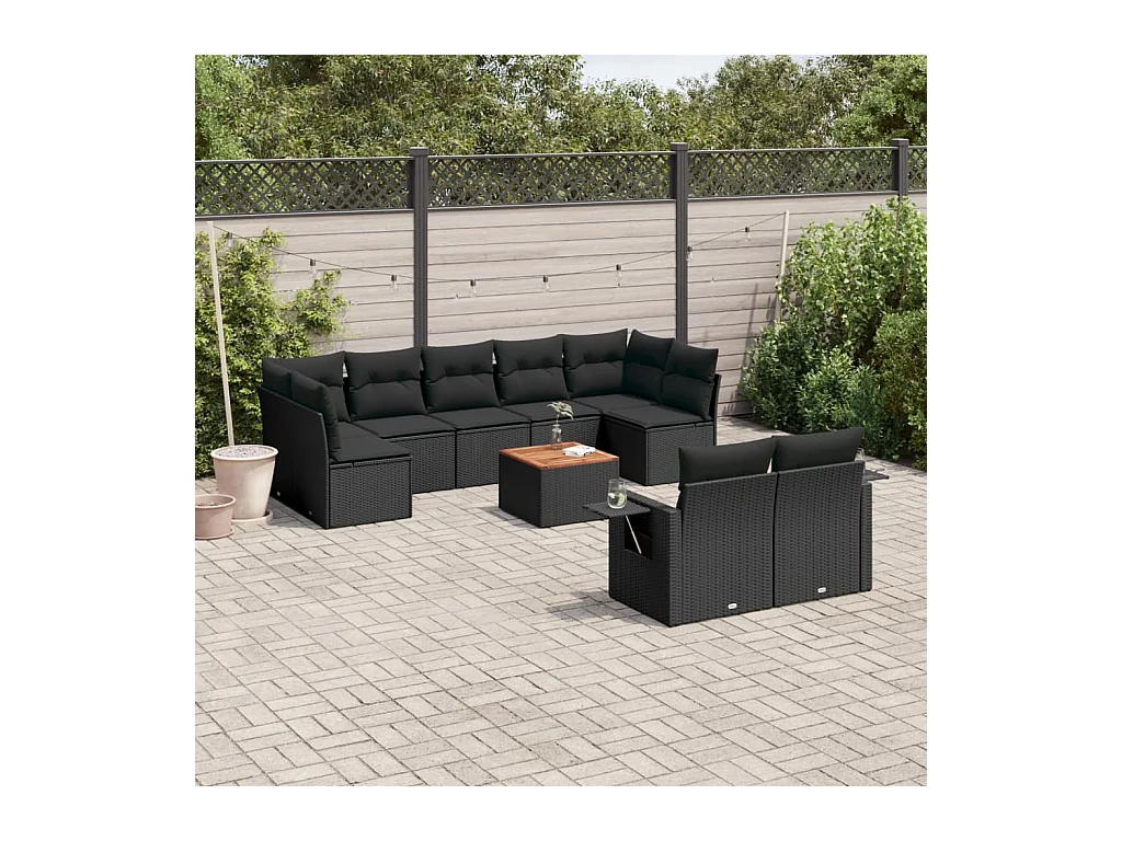 Set Divani da Giardino 10pz con Cuscini in Polyrattan Nero