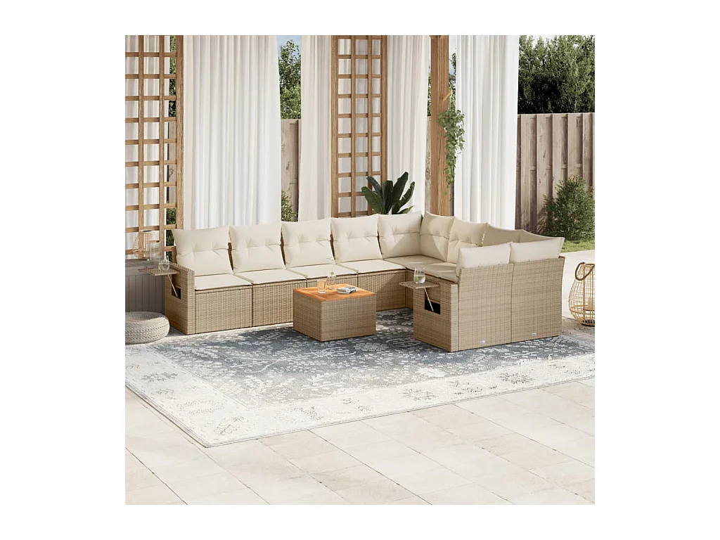 Set Divano da Giardino 10 pz con Cuscini Beige in Polyrattan