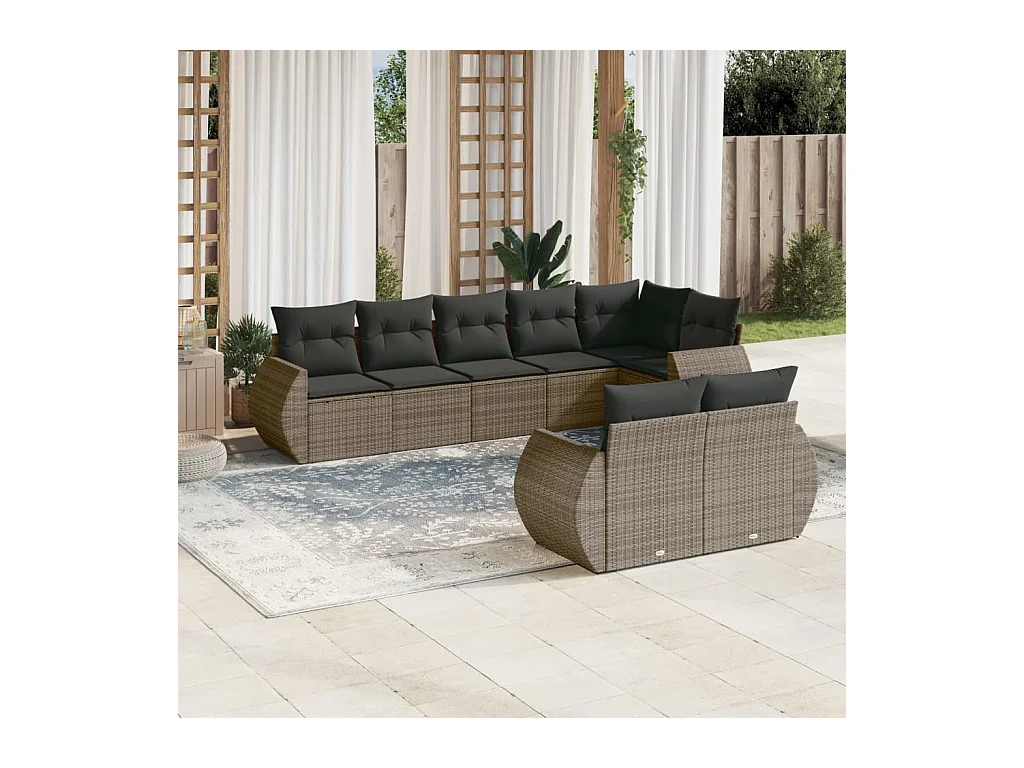 8-delige Loungeset met kussens poly rattan grijs