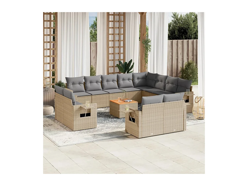 Set Divano da Giardino 13 pz con Cuscini Beige in Polyrattan