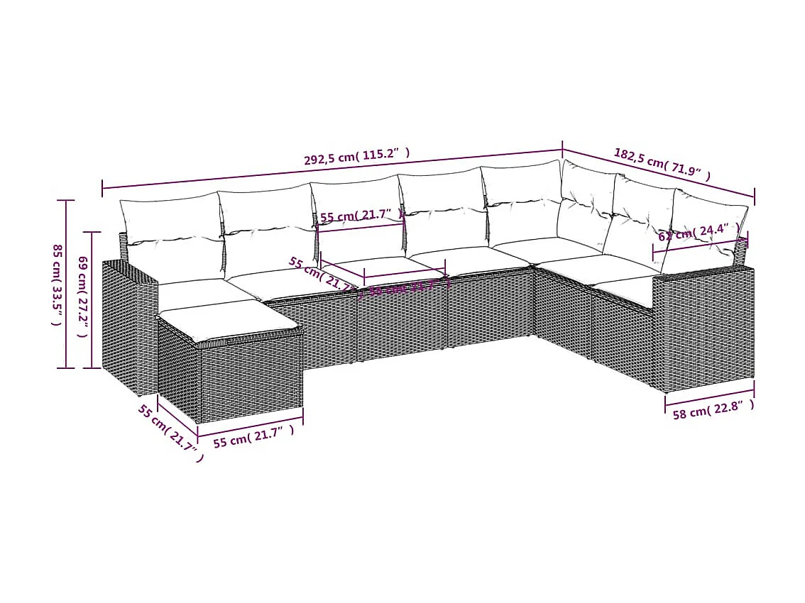 8 pcs conjunto sofás de jardim com almofadões vime PE preto
