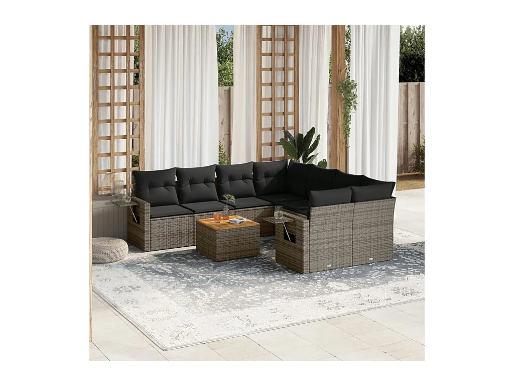 9-tlg. Garten-Sofagarnitur mit Kissen Grau Poly Rattan