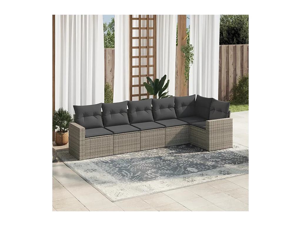 Salon de jardin 6 pcs avec coussins gris résine tressée