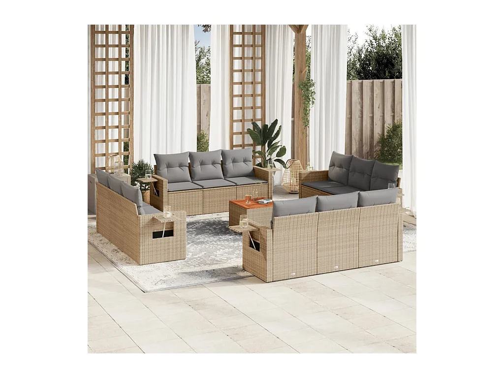 13-tlg. Garten-Sofagarnitur mit Kissen Beige Poly Rattan