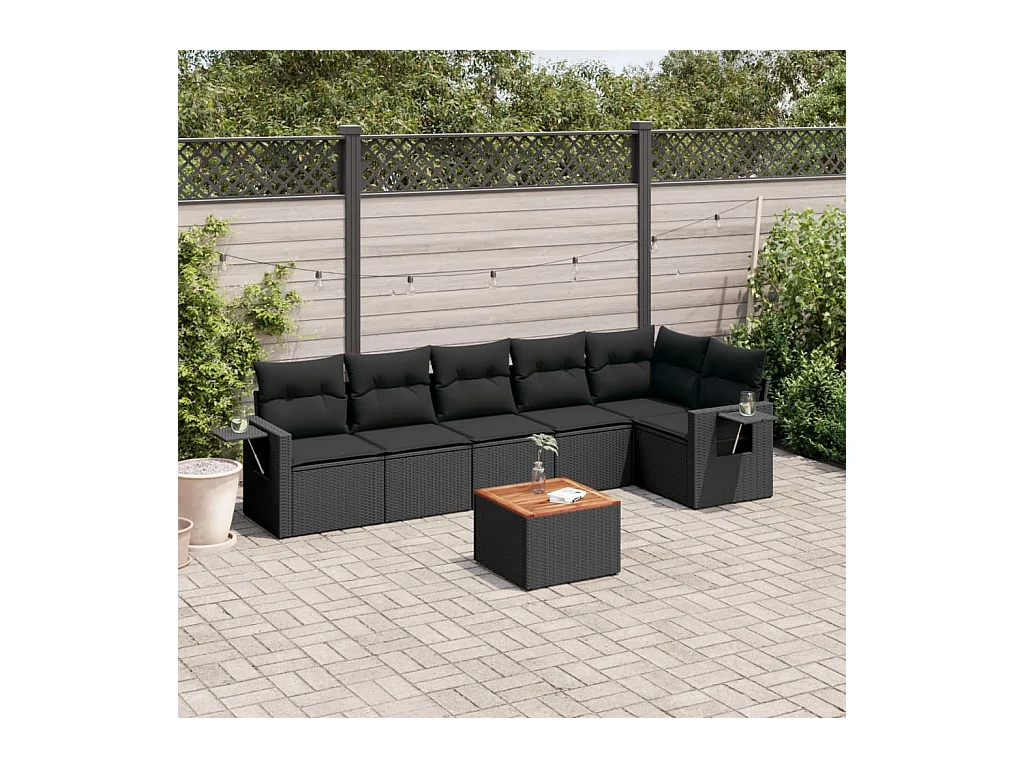 Salon de jardin 7 pcs avec coussins noir résine tressée