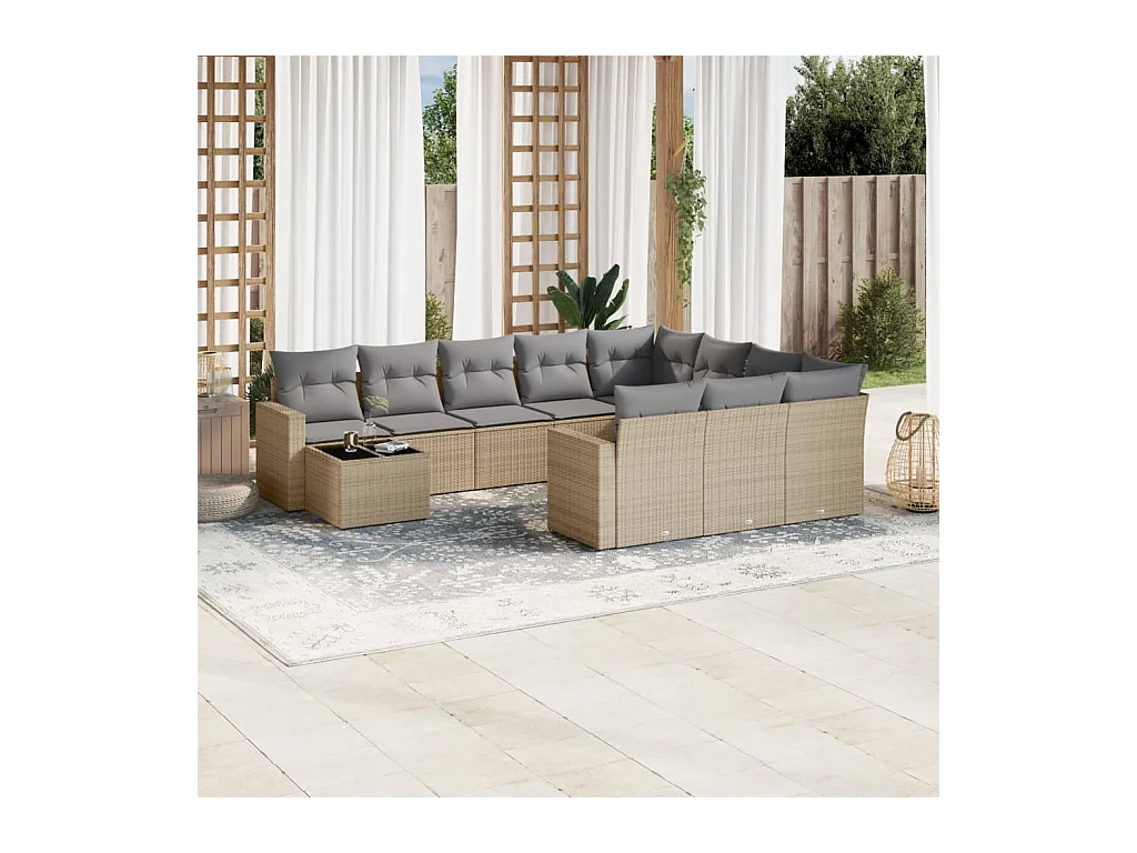 Salon de jardin 11 pcs avec coussins beige résine tressée