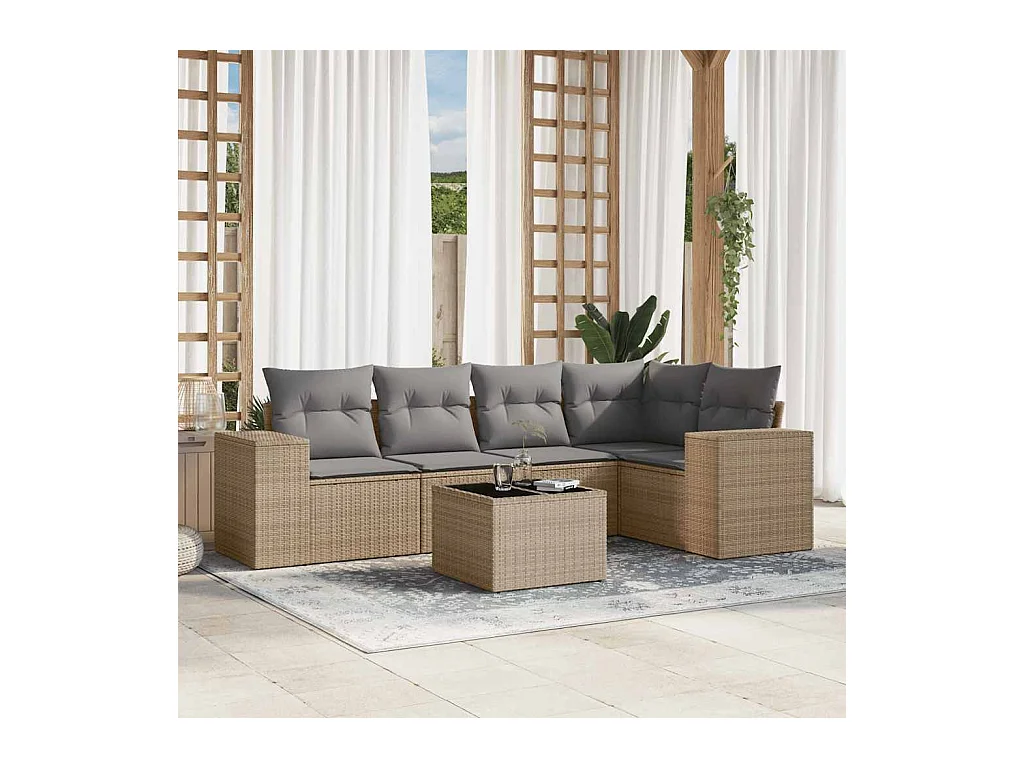 Set Divano da Giardino 6 pz con Cuscini Beige in Polyrattan
