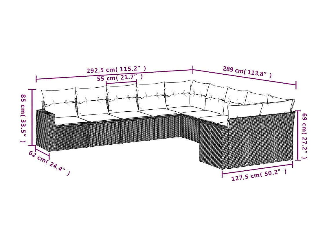10-delige Loungeset met kussens poly rattan zwart
