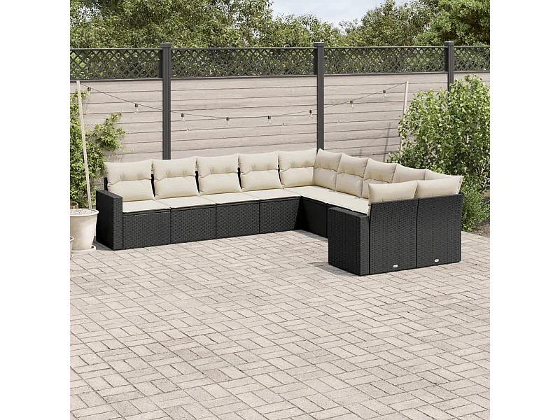 10-delige Loungeset met kussens poly rattan zwart