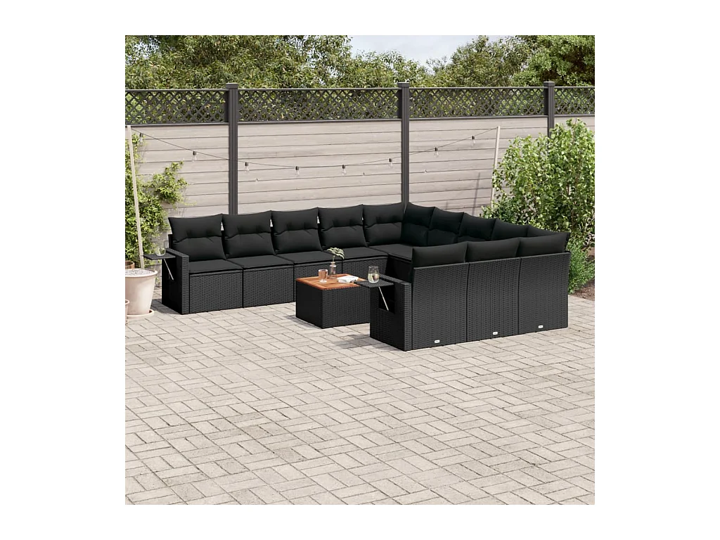 Salon de jardin 12 pcs avec coussins noir résine tressée