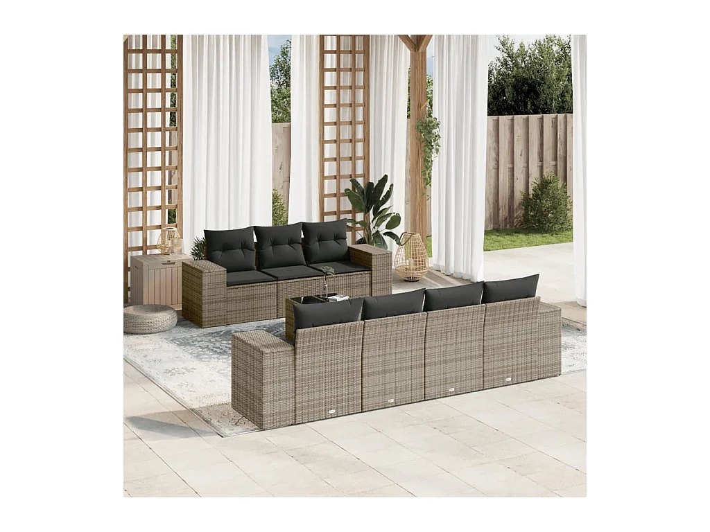 Salon de jardin 8 pcs avec coussins gris résine tressée
